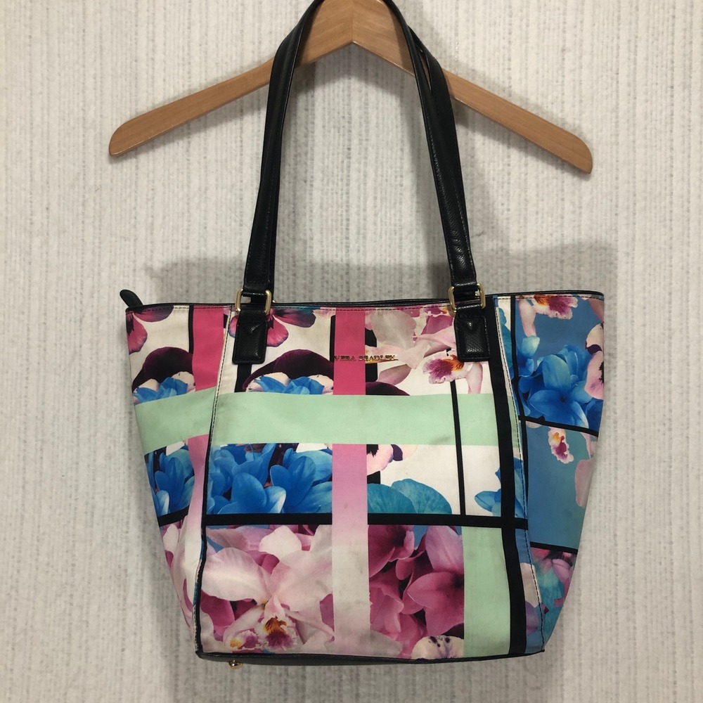 Vera‎ Bradley Tote Bag Floral Print Multi Color Black Leather Trim